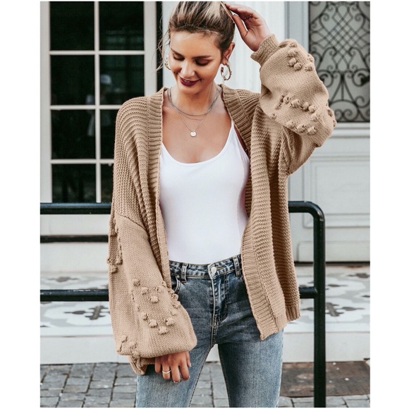 sky blue pom pom knit lantern sleeve cardigan swea - Picture 10 of 10